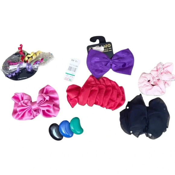 7-Pc Y2K Hair Accessory Bundle — Satin Bow Barrettes, Red Ruched Banana Clip - Picture 2 of 15